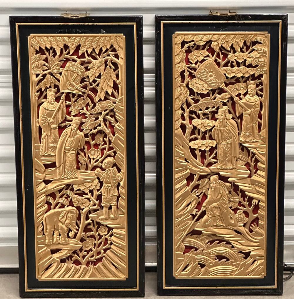 Chinese Gilded Hand-Carved Wood Lacquer Scholars Relief Wall Decor Panel Set